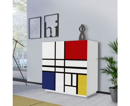 Madia 2 ante linea Galassia in finitura Bianco Lucido con serigrafia "Piet Mondrian"