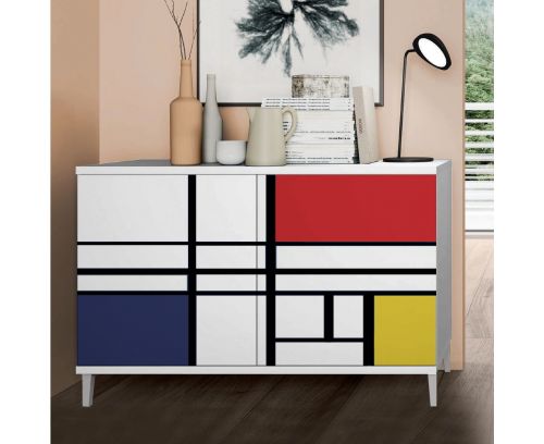 Madia moderna 2 ante Cloe Bianco Opaco can ante serigrafate Mondrian