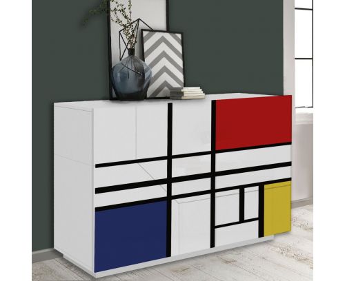 Madia 2 ante e 3 cassetti linea Galassia in finitura Bianco Lucido con serigrafia "Piet Mondrian"