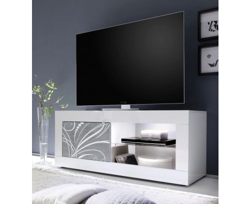 Porta Tv linea Basic colore Bianco lucido e Beton con grafica floreale
