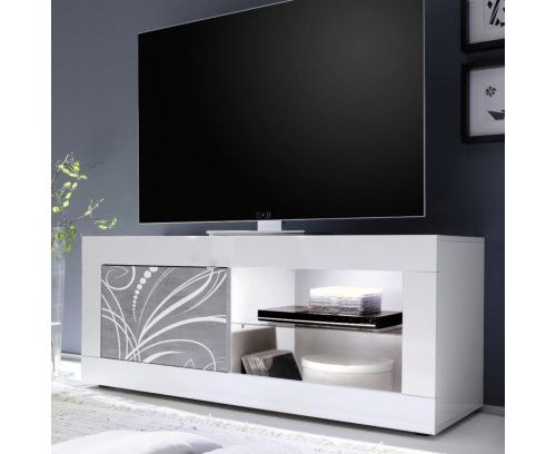 Porta Tv linea Basic colore Bianco lucido e Beton con grafica floreale