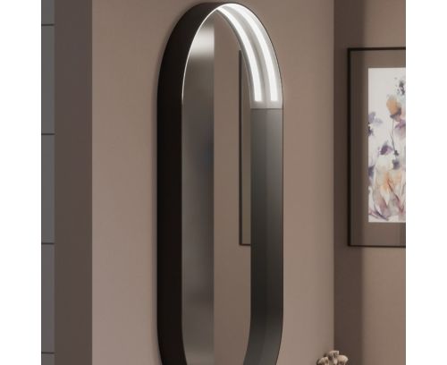Specchio ovale con luce LED integrata e cornice in metallo nera