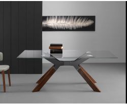 Tavolo Steel 160x90 cm con piano trasparente e gambe color noce
